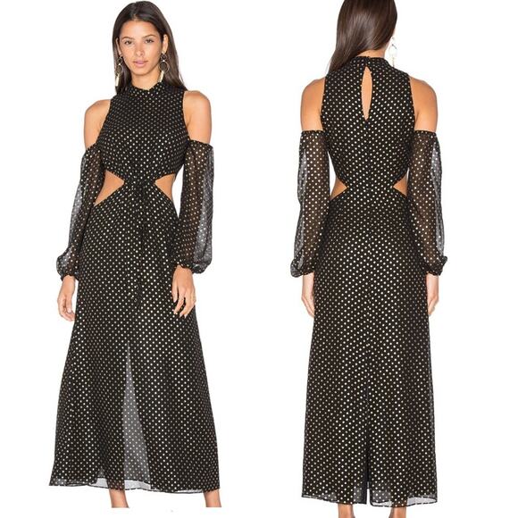 LPA Dress 43 in gold polka dot side cutout cold shoulders halter maxi dress - Picture 1 of 12